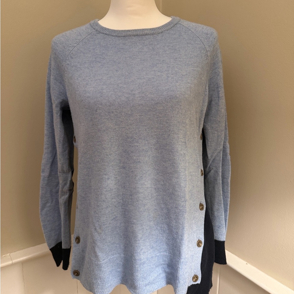 J. Crew Light Blue/Navy Sweater with Side buttons & Elbow Patches